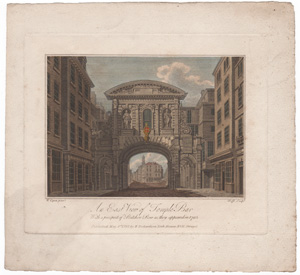 An East View of Temple Bar With a prospect of Butcher Row as they appeared in 1795 